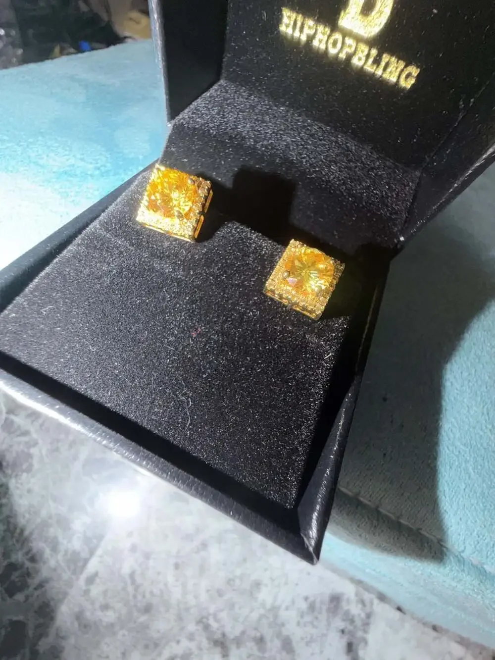 Hiphopbling Men's Yellow CZ Square Stud Earrings in Gold Tone